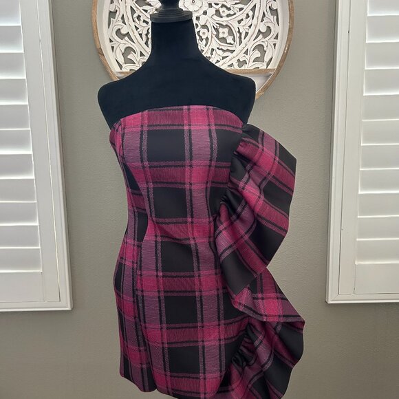 ASOS Purple Multicolor Plaid Ruffle Bodycon Mini Strapless Blouse/Dress Size 6 - Picture 1 of 6